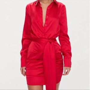 Red Satin Tie Front Dress
